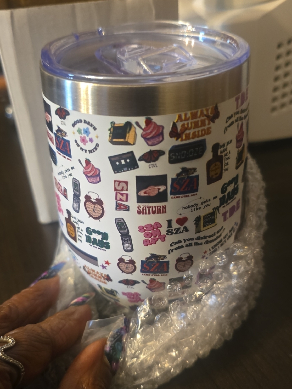Sticker Collage Stainless Steel Tumbler - White with Multicolor Stickers - Picture 3 of 4